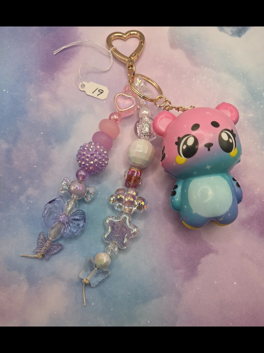 Pink & Teal Pastel Bear Keychain with Beaded Charms